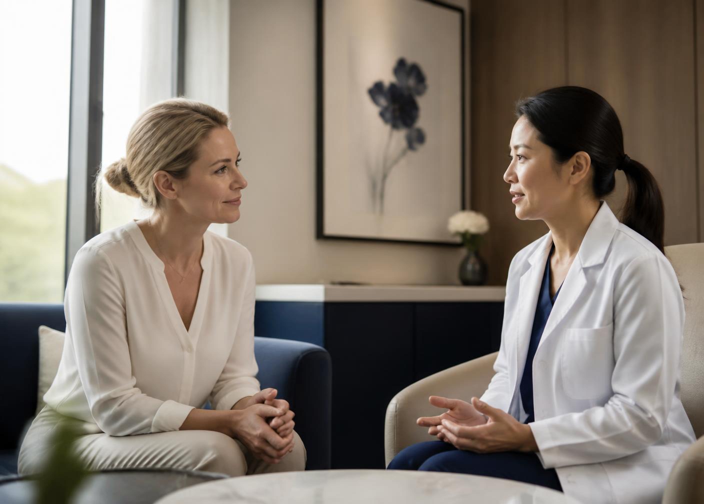 A Western international patient in conversation with a Chinese physician in a calm, light-filled consultation room